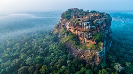 Breathtaking Aerial View of Majestic Ancient Rock Fortress Rising Above Tropical Forest Canopy at Dawn - Powered by Adobe