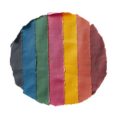 A flat circular piece of cloth with seven vertical stripes in the colors red, orange, yellow, green, blue, purple and black. The background is white. It's a flat illustration with soft edges. - obrazy, fototapety, plakaty