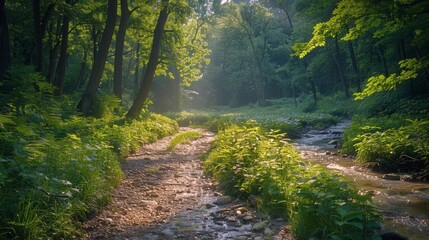 Obraz premium Stream Flowing Through Lush Green Forest