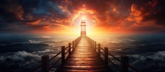 A wooden pier extends towards a lighthouse standing tall in the middle of the ocean, framed by the colorful sky and water in the afterglow of sunset - Powered by Adobe