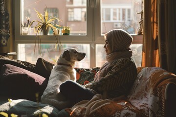 Portrait of a happy Muslim women sitting in her room at home with her favorite dog on a sunny day, the love and friendship between a person and an animal. - obrazy, fototapety, plakaty