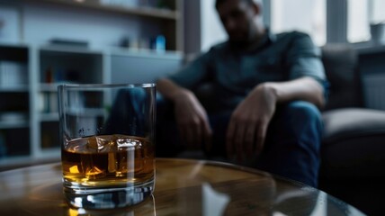 Stop no alcohol addiction concept. Person try to solve problem with alco. Glass of whiskey on table. Depressed alcoholic man indoor. Alcoholism problem. Bad unhealthy habit. Upset unhappy lonely guy. - obrazy, fototapety, plakaty