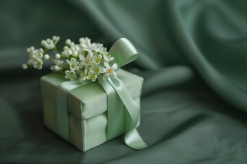 Obraz na płótnie Canvas Gift Box, Cute tiny green giftbox with flowers on pastel color background.