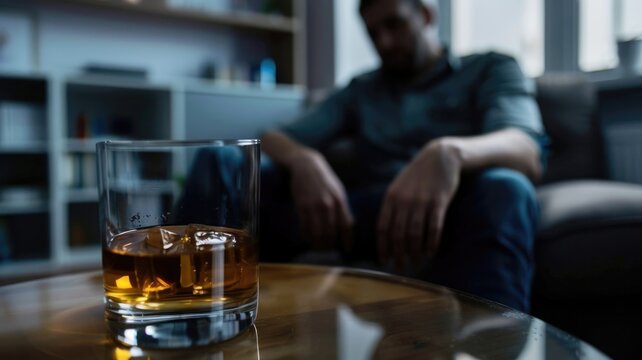 Stop no alcohol addiction concept. Person try to solve problem with alco. Glass of whiskey on table. Depressed alcoholic man indoor. Alcoholism problem. Bad unhealthy habit. Upset unhappy lonely guy.