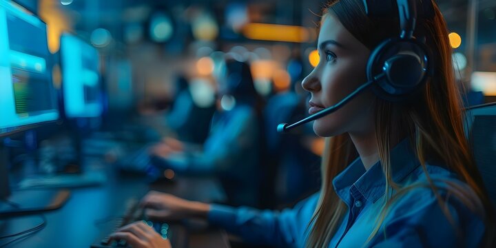 A person holds a headset at a call center with an operator team . Concept Call center, Customer service, Headset, Operator team, Communication