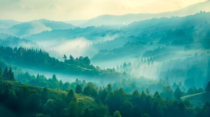 Layers of hills shrouded in morning mist with a forested landscape - obrazy, fototapety, plakaty