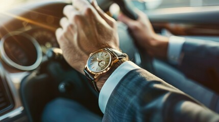"Man in Suit Driving Car: Close-Up Portrait with Watch"