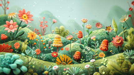 Obraz na płótnie Canvas A colorful field of flowers with a few mushrooms scattered throughout. Scene is cheerful and whimsical, with the bright colors and playful shapes of the flowers and mushrooms creating a sense of joy