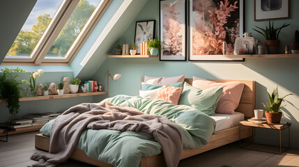  bedroom takes a more subdued approach to the colorful modernism theme incorporating soft pastel shades like blush pink and mint green for a calming and elegant