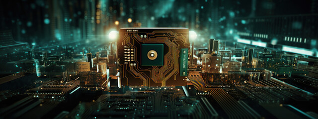 Conceptual image of modern electronic device with the circuit board and city in the background