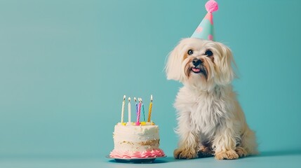 Fluffy white dog with tasty cake with birthday candles