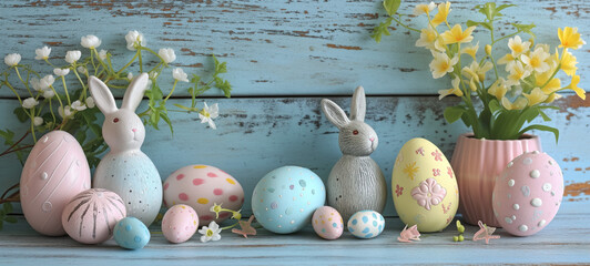 Springtime easter scene with decorative eggs and blooming flowers