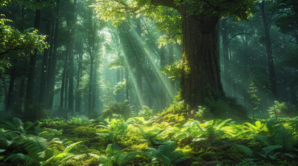 Mystical green forest with sunlight streaming through the mist and trees, highlighting the lush undergrowth.