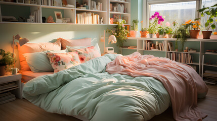  bedroom takes a more subdued approach to the colorful modernism theme incorporating soft pastel...