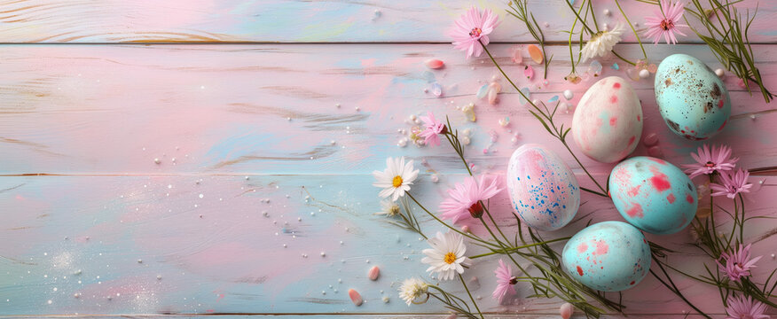 Whimsical easter eggs and daisies on pastel pink wooden background