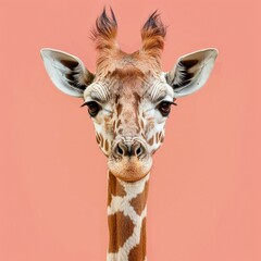 Close-up view of a giraffe against a vibrant pink background, showcasing its distinctive long neck and patterned coat.