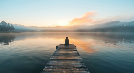 A person sitting on the end of an old wooden dock - obrazy, fototapety, plakaty