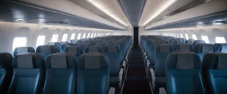 The aircraft's cabin has empty passenger seats.
