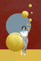 Creative collage image of businesswoman working point golden bitcoin coins crypto trading finance...