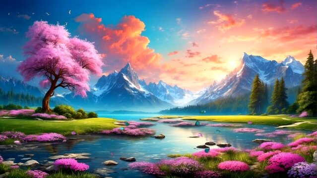Animation of a beautiful lake with flowers blooming around it, butterflies dancing, in spring at sunrise Seamless looping 4k time-lapse animation video background