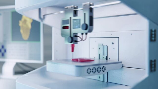 Time Lapse with an Advanced Machine Manufacturing an Artificial Human Tissue or Muscle From a Digital CAD File. Medical Laboratory Bioprinting a 3D Organ. Genetic Engineering Concept