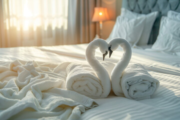 Towel swans shaped or towel forming heart shape on luxury bed in hotel room.AI generated