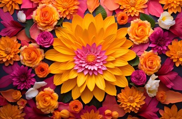 Flowers and leaves create a beautiful rangoli design, colorful holi decorations, festive ornaments, celebration concept