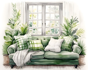 Bright room with green sofa and greenhouse plants. Scandinavian interior design of a modern living room. Drawn in watercolor colors.