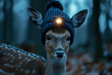 Tuinposter A roe deer with a lantern on its head stands in a dark forest © Александр Лобач