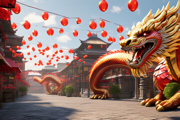 Neujahr asiatisches Drachenfest mit rot goldenen Drachen - obrazy, fototapety, plakaty