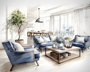 Large living room with blue armchairs and sofa with coffee table for relaxation and rest. Modern apartment connected living room with dining room in the background. Watercolor style drawing.