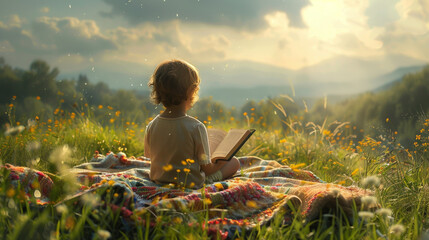 A young child is sitting on a blanket in a field, reading a book. The scene is peaceful and serene, with the sun shining down on the grass and the child enjoying the outdoors - obrazy, fototapety, plakaty
