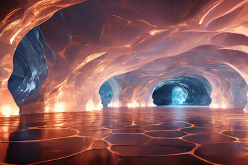Futuristische Eishöhle digitale leuchtende Wellen und Netzwerk