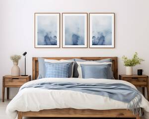A clean bedroom with a double bed and a blue and white bedspread and two bedside tables and pictures on the wall.