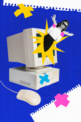 Vertical photo collage of young girl look out computer monitor instead head mouth caricature...