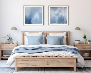 A bedroom in Scandinavian style with a large wooden bed and bed linen.