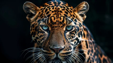 Gartenposter A close-up view of a leopards face, showcasing its striking blue eyes and distinctive facial markings. © Виктория Лапина