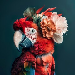 A vibrant parrot perched with a colorful flower atop its head in a tropical setting.