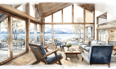 Rustic wooden edge table and wooden chairs against the windows. Scandinavian interior design of a modern living room in a glass villa in the countryside. Drawn in watercolor colors.