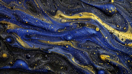 Blue liquid paint texture with gold mineral ink, creative rainbow stone water seamless pattern art