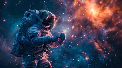 Selbstklebende Fototapeten A visually appealing image of an astronaut engaged with a smartphone, surrounded by cosmic light © Fxquadro