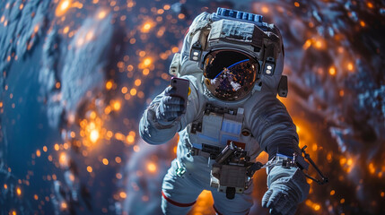 A compelling image of an astronaut in space, giving a thumbs-up as if communicating a successful mission amidst blazing stars - obrazy, fototapety, plakaty