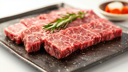 Fototapeta premium Close up of marble texture of wagyu, Wagyu Beef, Raw beef slice for barbecue or Japanese style yakiniku food barbecue and grilled over charcoal on stove, Close up japanese A5 wagyu premium beef. 