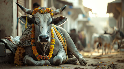 Sacred cow in India.  - Powered by Adobe