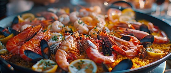 Delicious seafood paella with shrimp, mussels, and vegetables served in a black pan on a well-set...