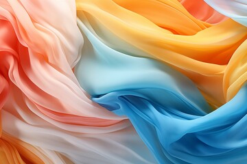 closeup fabric in light blue, light yellow, light orange in the wind on white background