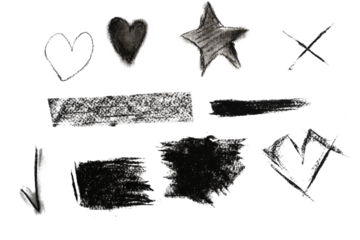Hand drawn Dark charcoal and grunge doodle vectors featuring black paint strokes, heart symbols, star shape and brush splatter textures for an artistic border design element