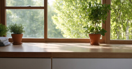 Wooden shelf adorned with green plants adds touch of natural beauty to any interior space