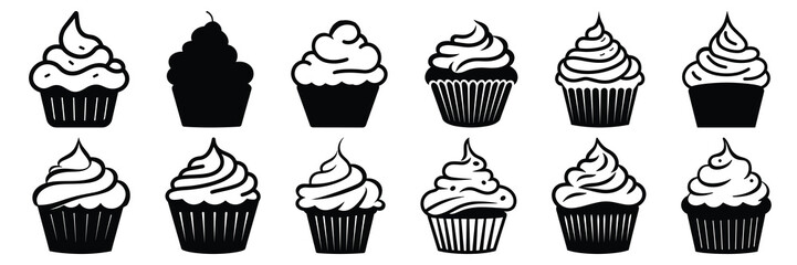Cupcake silhouettes set, large pack of vector silhouette design, isolated white background
