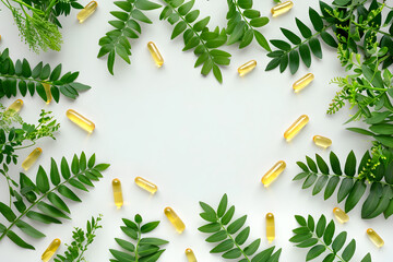 Vitamins capsules and plants on a white background. Banner template for advertising vitamins,...